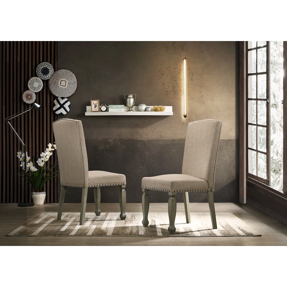 Breda Antique Gray and Dark Oak Finished Wood Dining Set, Table, Bench, Chairs
