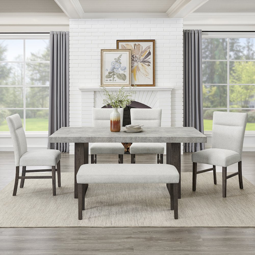 Sorlen Modern 6-Piece Dining Set, 3D Faux Concrete Table with 4 Chairs and Bench