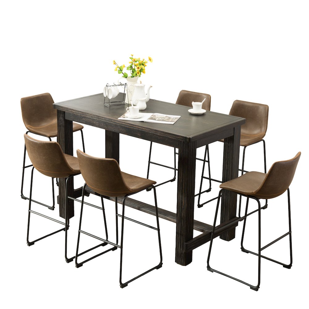 7-Piece Bar Height Antique Black Wood Dining Table, 6 Brown Faux Leather Chairs
