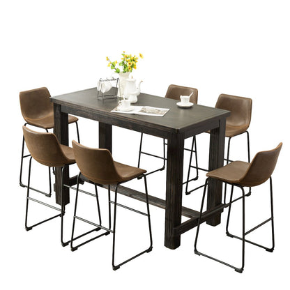 7-Piece Bar Height Antique Black Wood Dining Table, 6 Brown Faux Leather Chairs