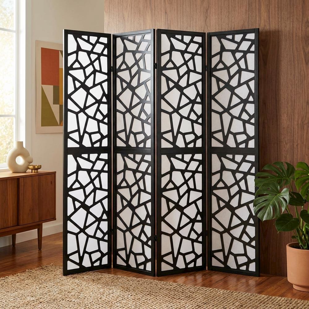 Black 4-Panel Wood Folding Room Divider, Fabric, 70 Inch