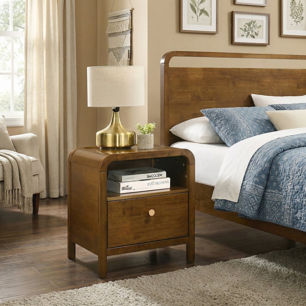 Eldren Wood Nightstand with Solid Rubberwood Frame, Walnut Finish