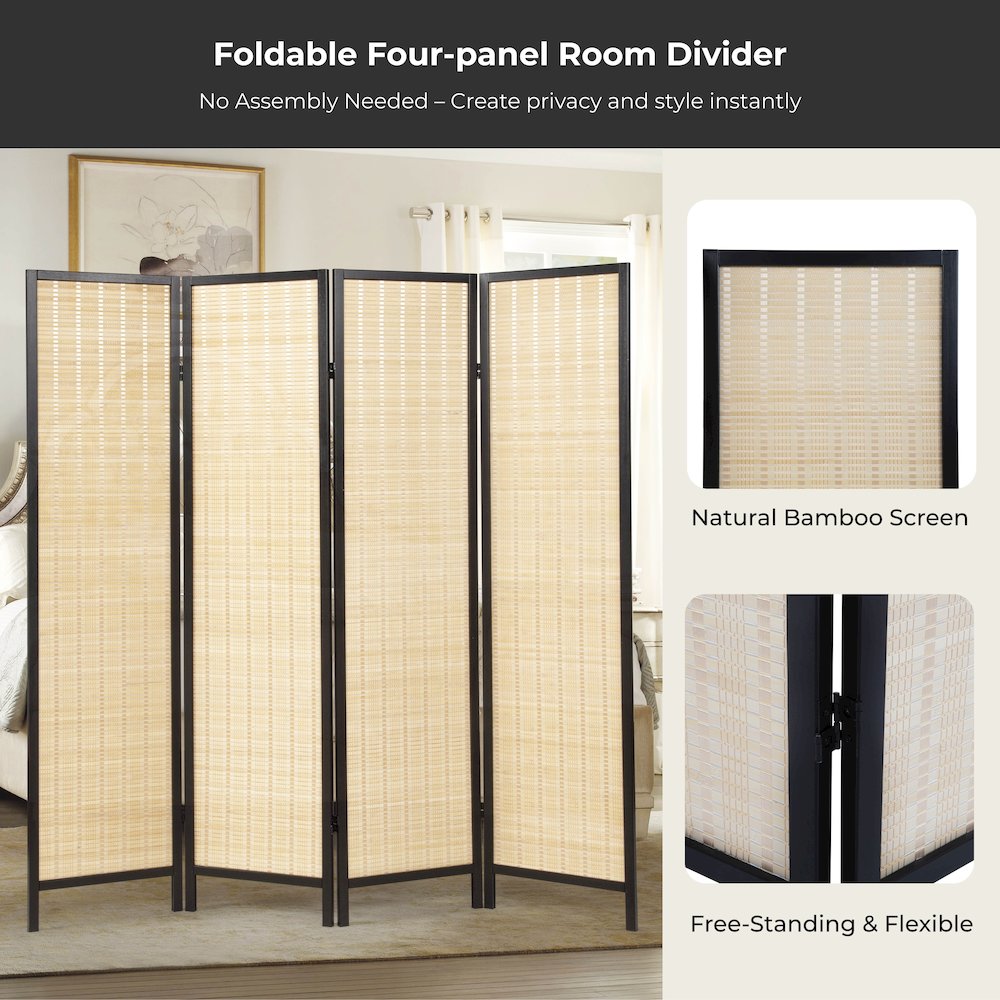 Inkwell 4-Panel Bamboo Room Divider, Folding Screen, Natural with Black Frame