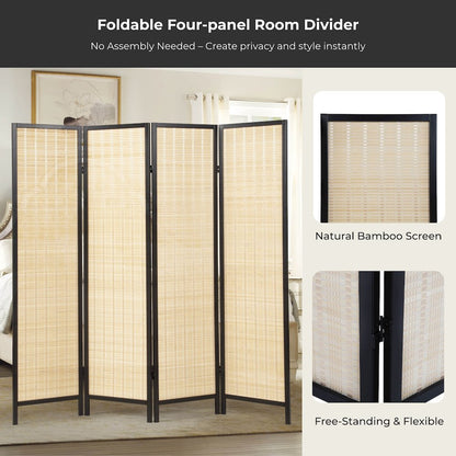 Inkwell 4-Panel Bamboo Room Divider, Folding Screen, Natural with Black Frame