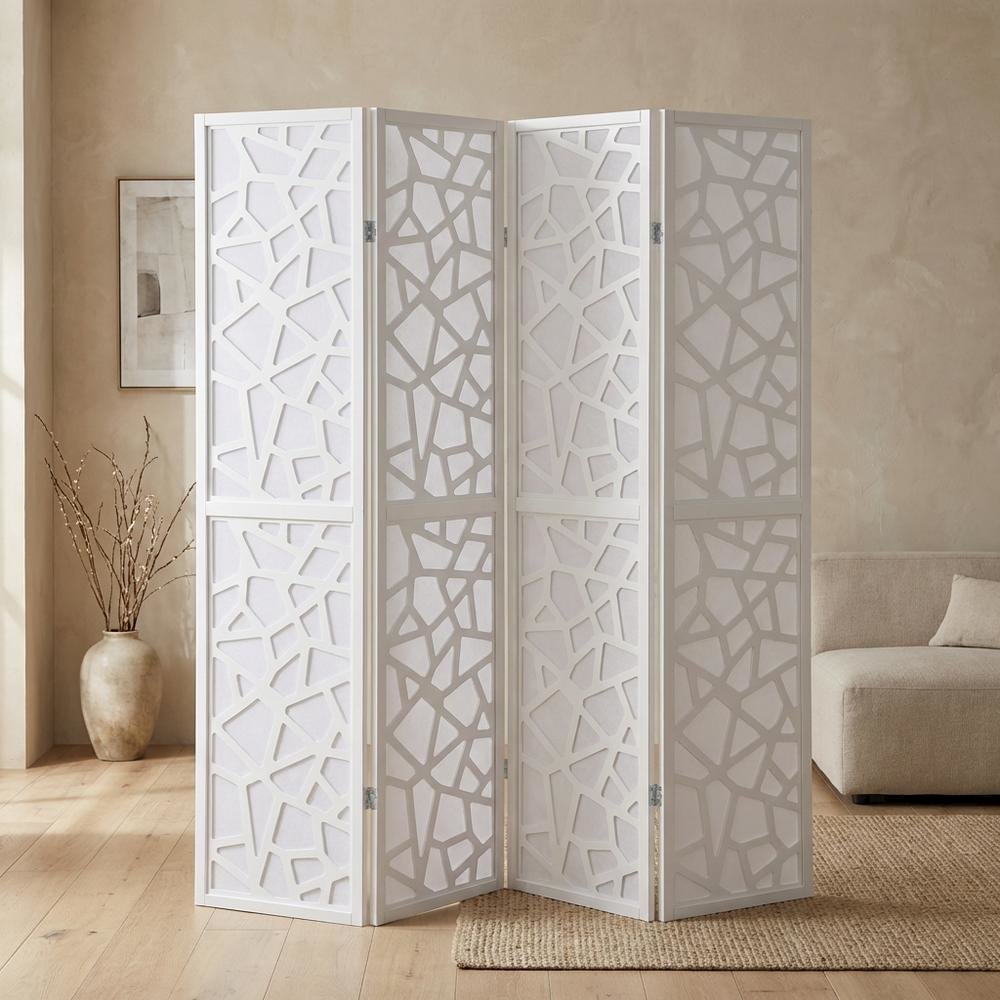 White 4-Panel Wood Folding Room Divider, Fabric, 70 Inch