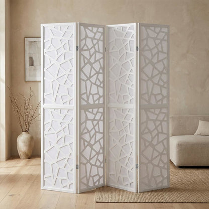White 4-Panel Wood Folding Room Divider, Fabric, 70 Inch