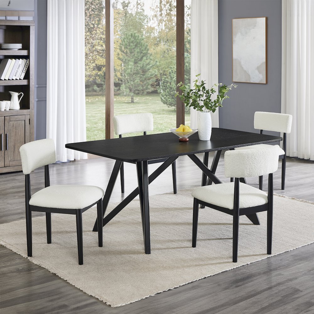 Axler 5-Piece Dining Set, Tripod-Cross Dining Table with 4 Boucle Chairs, Black
