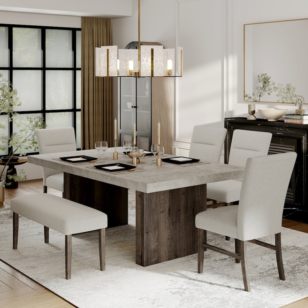 Sorlen Modern 6-Piece Dining Set, 3D Faux Concrete Table with 4 Chairs and Bench
