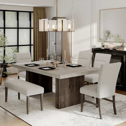Sorlen Modern 6-Piece Dining Set, 3D Faux Concrete Table with 4 Chairs and Bench