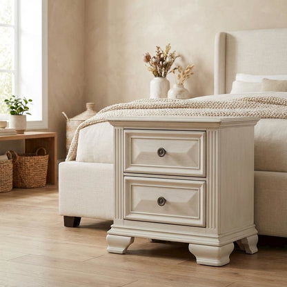 White Distressed Nightstand with 2 Drawers and Rustic Finish