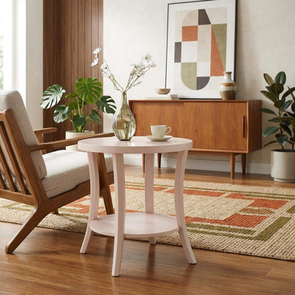 Pink round end table with shelf, modern design for living room accents