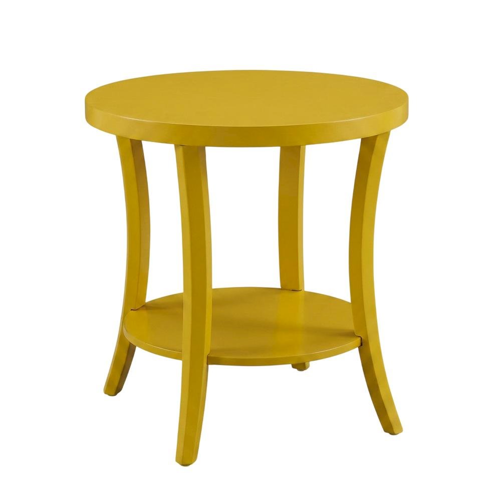 Yellow round end table with shelf for living room decor