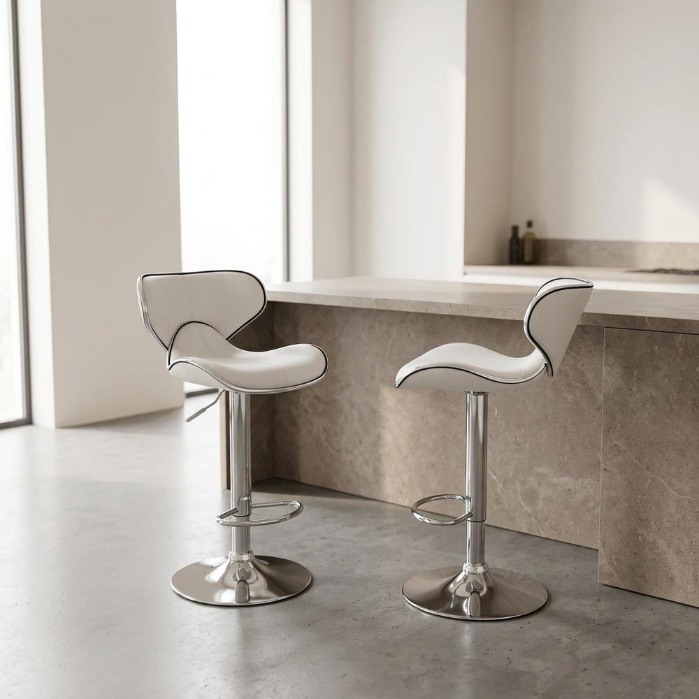White Leatherette Swivel Barstool Set with Chrome Base and Adjustable Height