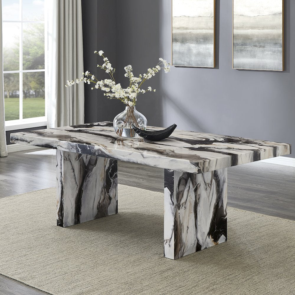 Cavira 7-Piece Dining Set, Faux Marble Dining Table with Four Chairs, Black