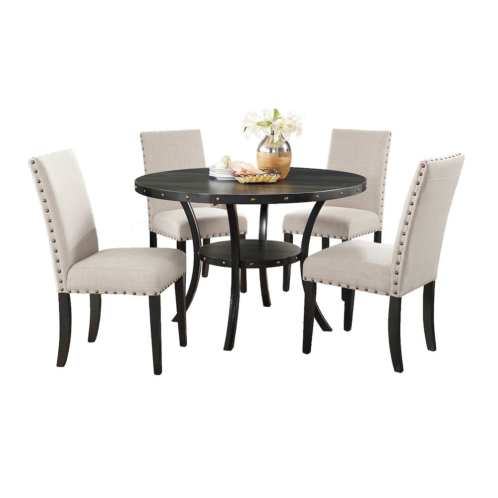 Biony Espresso Wood Dining Set with Tan Fabric Nailhead Chairs, 5-Pc