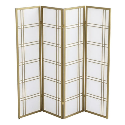 Gold 4-Panel Wood Folding Room Divider, Rice Paper, 70 Inch
