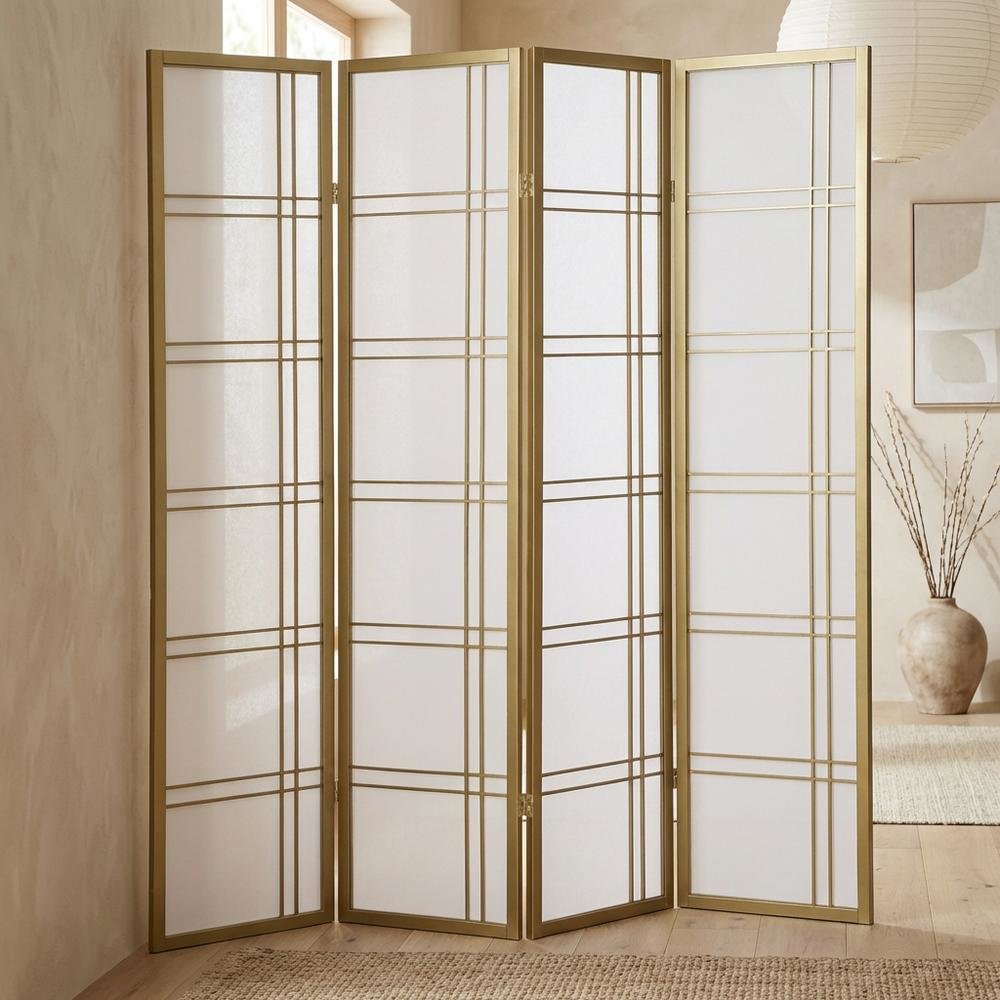 Gold 4-Panel Wood Folding Room Divider, Rice Paper, 70 Inch