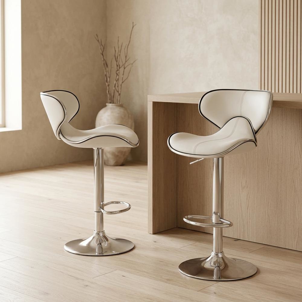 White Leatherette Swivel Barstool Set with Chrome Base and Adjustable Height