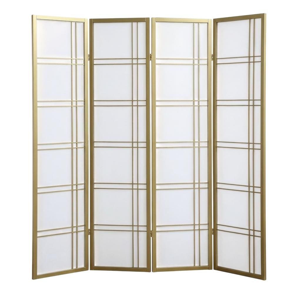 Gold 4-Panel Wood Folding Room Divider, Rice Paper, 70 Inch