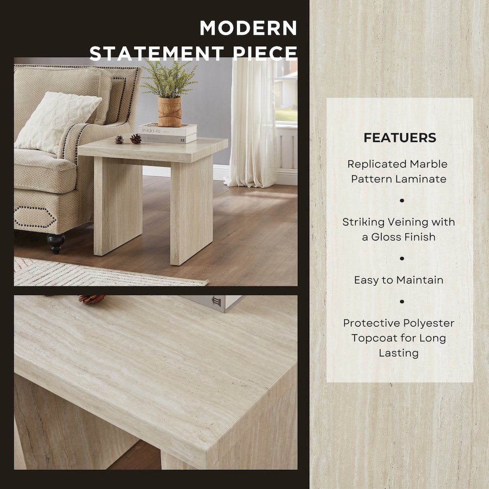 Cavira 3-Piece Faux Marble Coffee Table Set, Table and Two End Tables, Beige