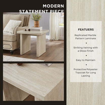 Cavira 3-Piece Faux Marble Coffee Table Set, Table and Two End Tables, Beige