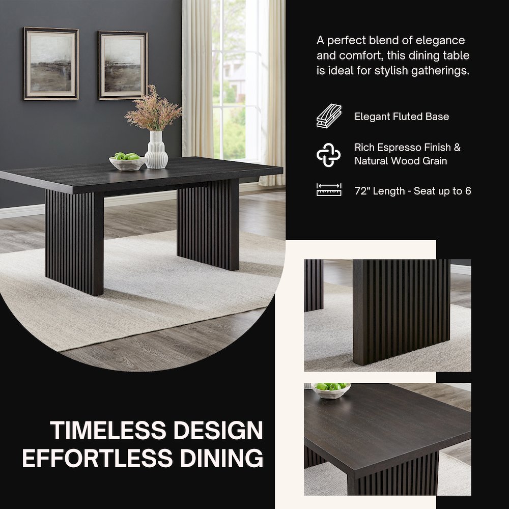 Madison 6-PC Dining Set, Slat-Fluted Table with 4 Chairs and a Bench, Chocolate