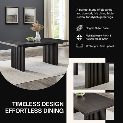 Madison 6-PC Dining Set, Slat-Fluted Table with 4 Chairs and a Bench, Chocolate