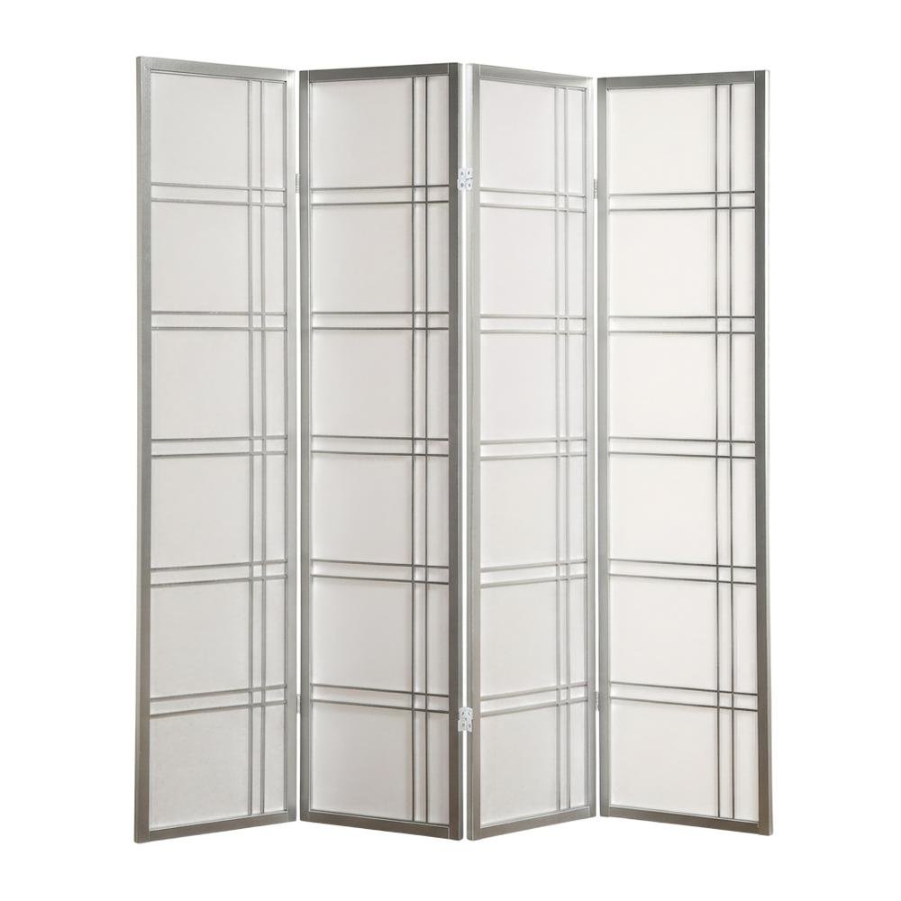 Silver 4-Panel Wood Folding Room Divider, Rice Paper, 70 Inch