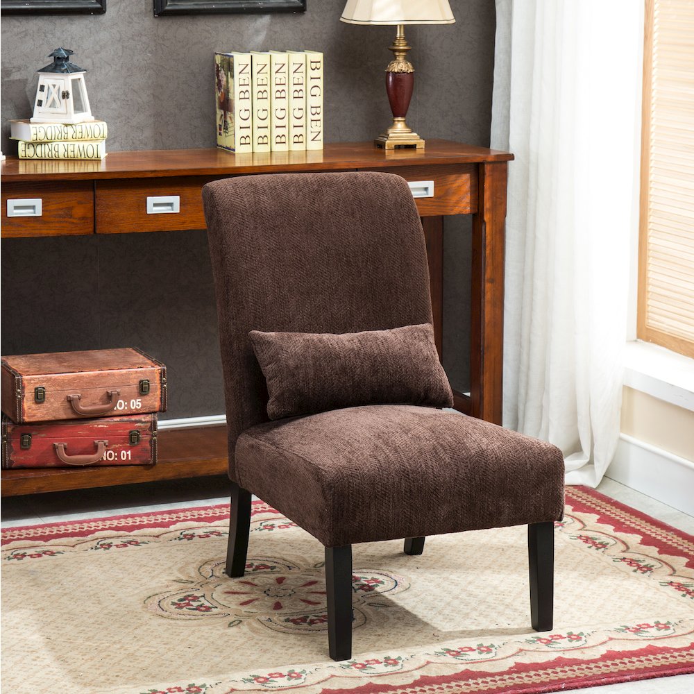 Pisano Chocolate Fabric Armless Accent Chair with Matching Kidney Pillow