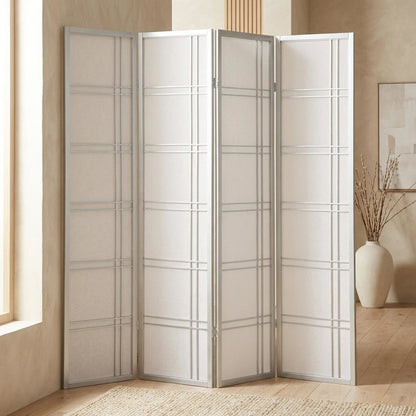 Silver 4-Panel Wood Folding Room Divider, Rice Paper, 70 Inch