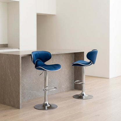 Blue Velvet Upholstered Adjustable Swivel Barstool, Set of 2 with Modern Design
