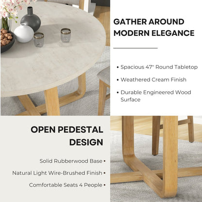 Arden 5-Piece Dining Set, 47" Round Table with 4 Solid Wood Chairs