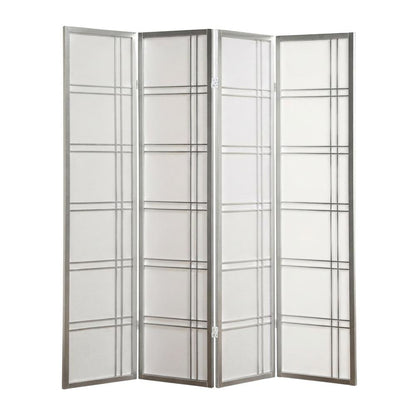 Silver 4-Panel Wood Folding Room Divider, Rice Paper, 70 Inch