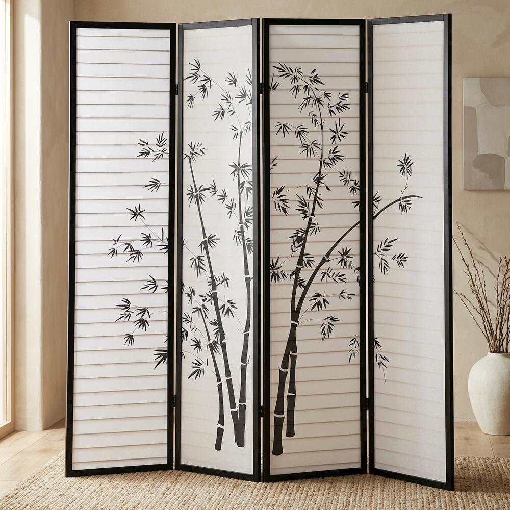 Black 4-Panel Wood Folding Room Divider, Bamboo Print Rice Paper, 71 Inch