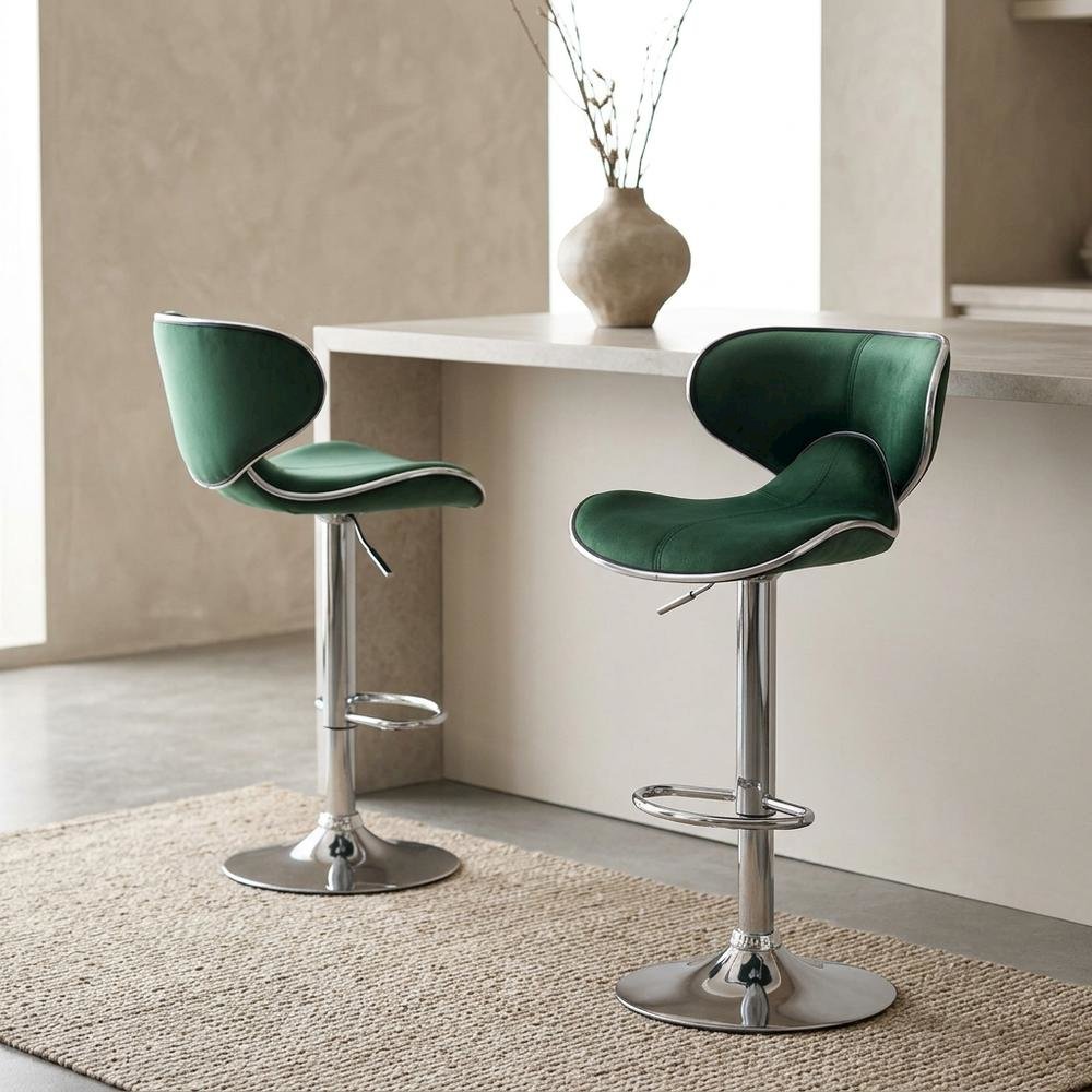 Green Velvet Swivel Barstool Set with Adjustable Height for Home or Bar