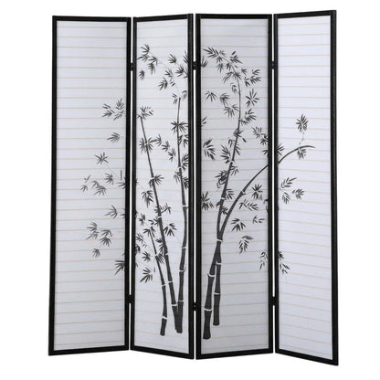 Black 4-Panel Wood Folding Room Divider, Bamboo Print Rice Paper, 71 Inch