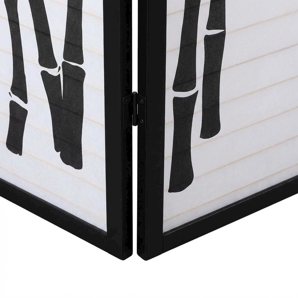 Black 4-Panel Wood Folding Room Divider, Bamboo Print Rice Paper, 71 Inch