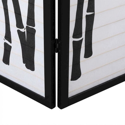 Black 4-Panel Wood Folding Room Divider, Bamboo Print Rice Paper, 71 Inch