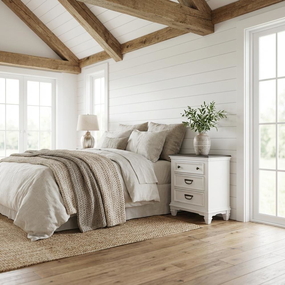 Weathered White and Gray Nightstand with 3 Drawers and Rustic Style