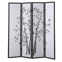 Black 4-Panel Wood Folding Room Divider, Bamboo Print Rice Paper, 71 Inch