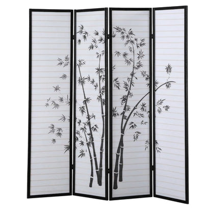 Black 4-Panel Wood Folding Room Divider, Bamboo Print Rice Paper, 71 Inch