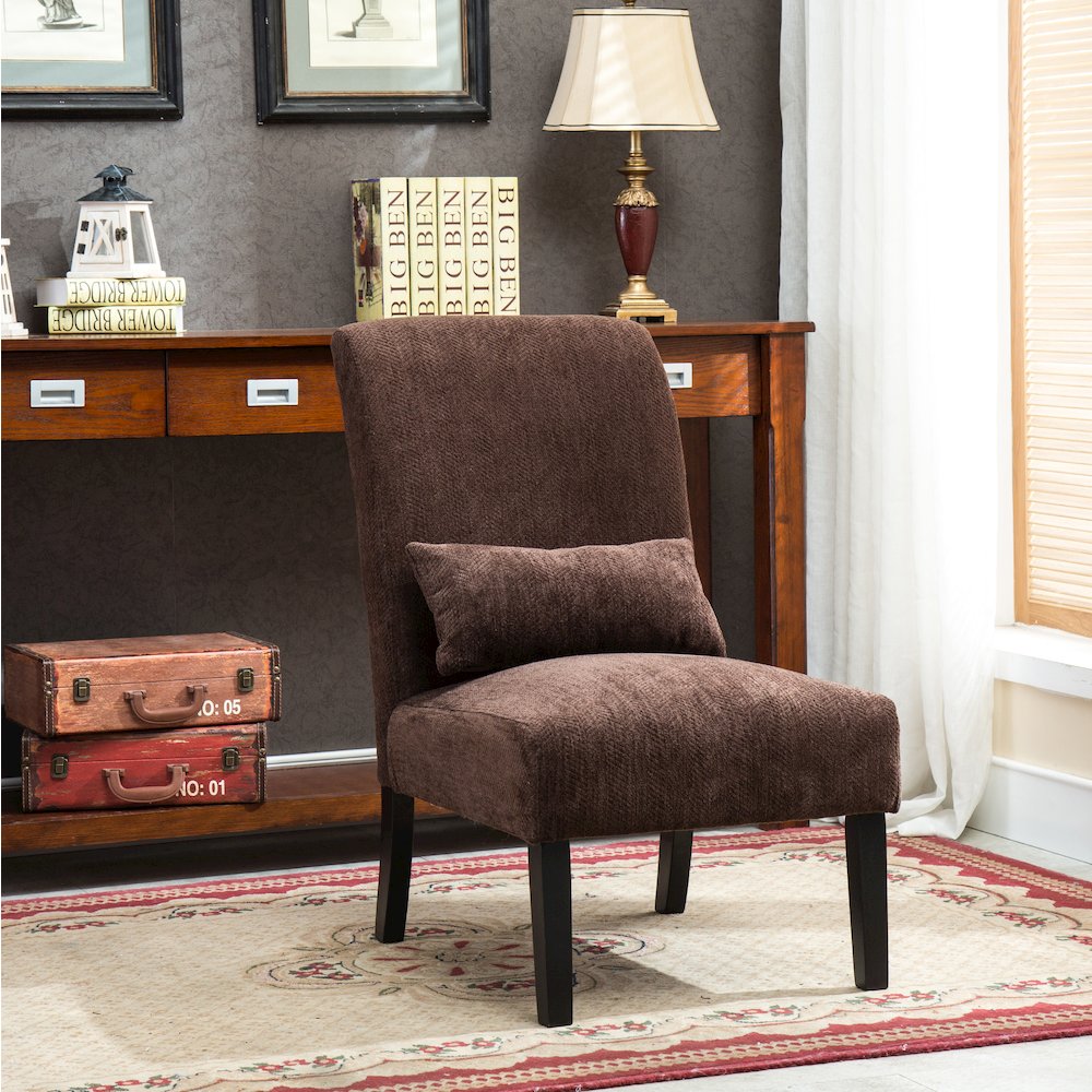 Pisano Chocolate Fabric Armless Accent Chair with Matching Kidney Pillow