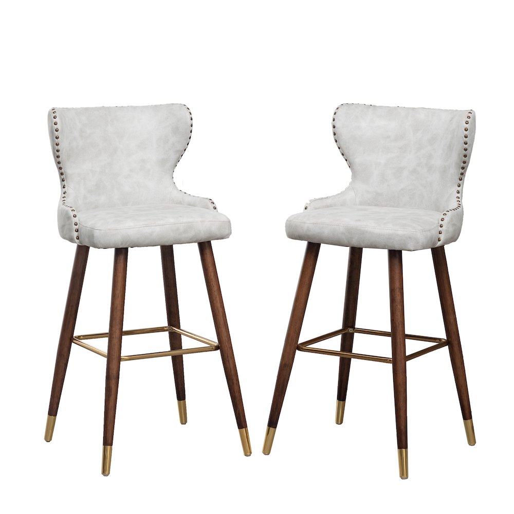 Nevis Modern Faux Leather Tufted Nailhead Trim Barstool Set of 2, Off-White