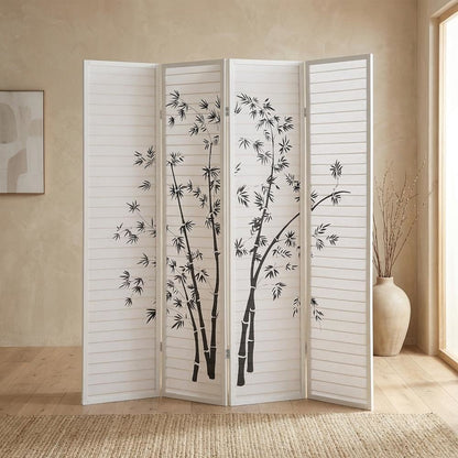 White 4-Panel Wood Folding Room Divider, Bamboo Print Rice Paper, 71 Inch