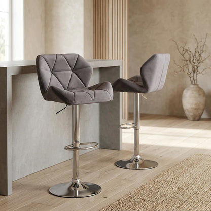 Gray Velvet Diamond Tufted Swivel Barstool Set of 2 with Adjustable Height