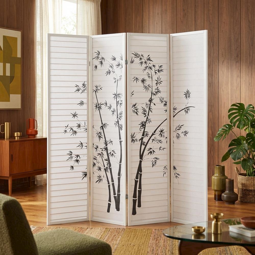 White 4-Panel Wood Folding Room Divider, Bamboo Print Rice Paper, 71 Inch