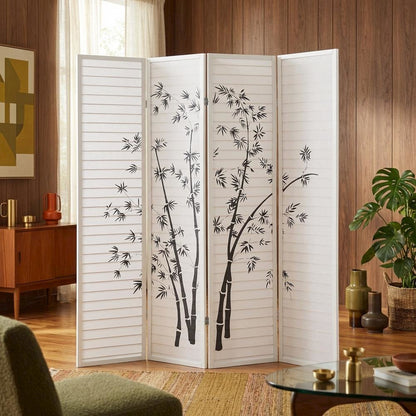 White 4-Panel Wood Folding Room Divider, Bamboo Print Rice Paper, 71 Inch