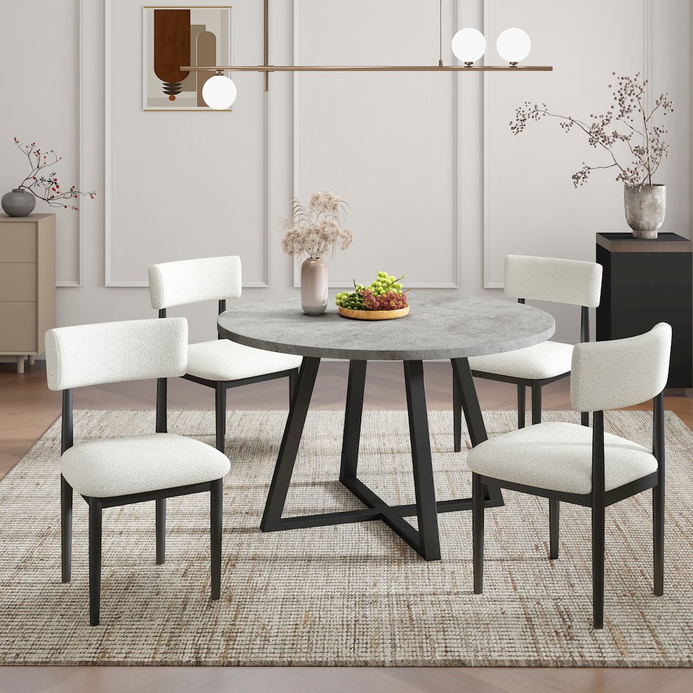 Edo 5-Piece Dining Set, Round Trestle Table and 4 Chairs, Gray and Black