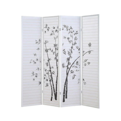 White 4-Panel Wood Folding Room Divider, Bamboo Print Rice Paper, 71 Inch