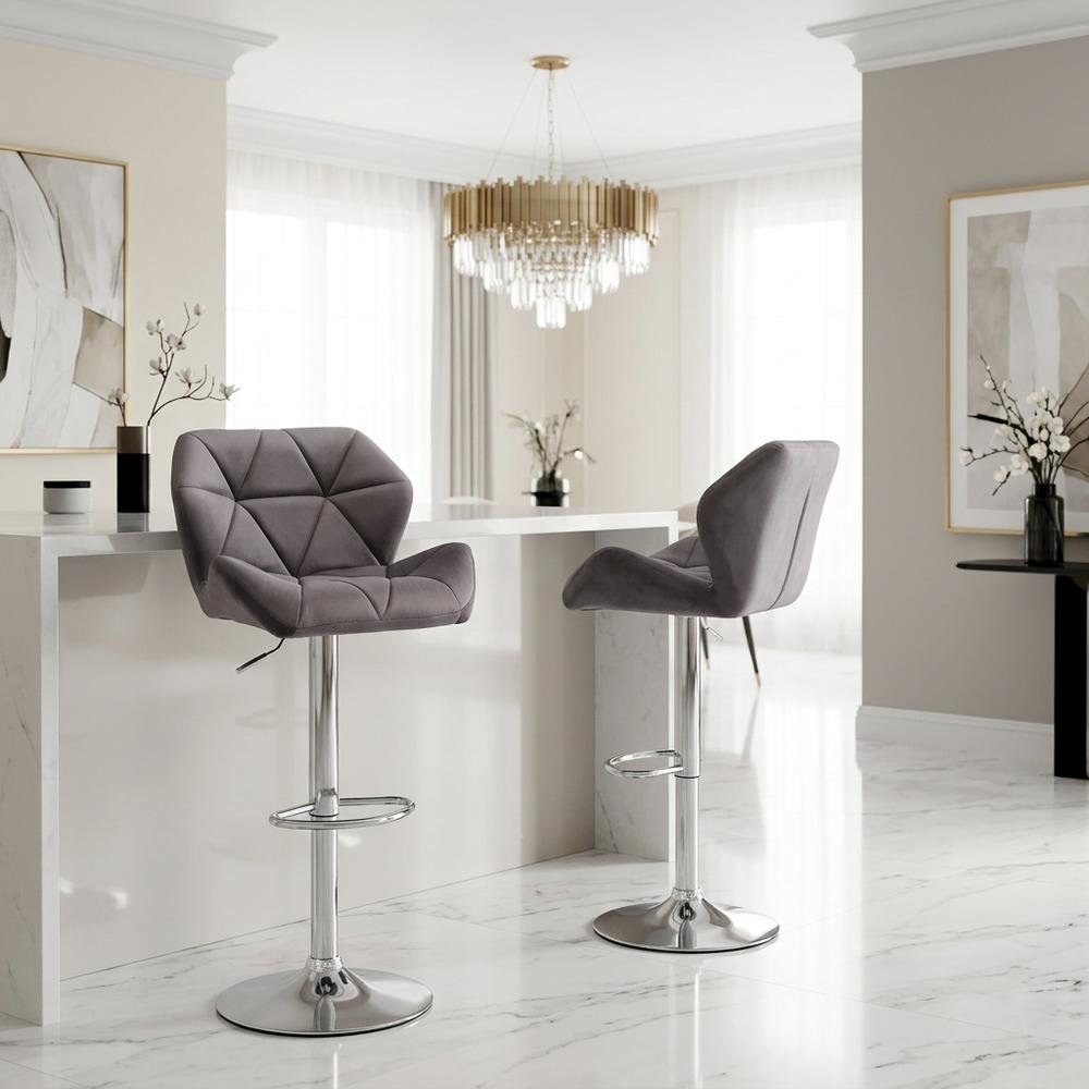 Gray Velvet Diamond Tufted Swivel Barstool Set of 2 with Adjustable Height